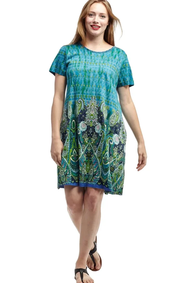 La Cera™ La Cera Novelty Paisley Print Short Sleeve Dress Teal Cheap