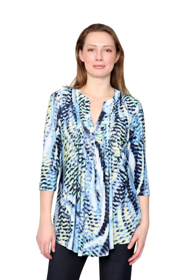 La Cera™ La Cera Pleat Front Printed Tunic Blue Yellow Blue/Yellow Outlet