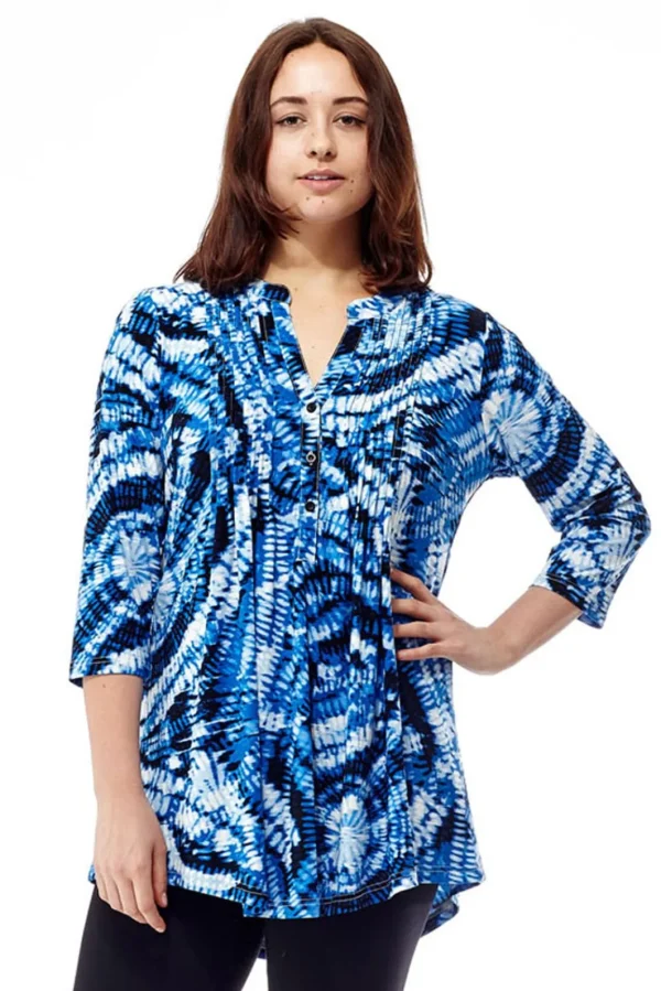 La Cera™ La Cera Pleat Front Printed Tunic Tie-Dye Blue Discount