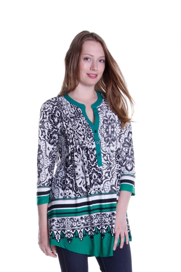 La Cera™ La Cera Pleat Front Printed Tunic Black And Green Blk/Green Sale