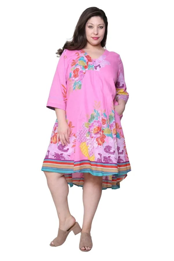 La Cera™ La Cera Plus Size 100% Cotton Printed Plus Size Dress Pink Clearance