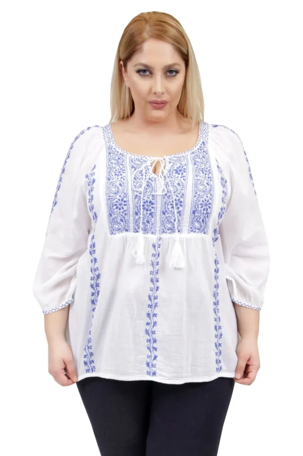 La Cera™ La Cera Plus Size 3/4 Sleeve Stripe Embroidered Peasant Top White/Blue Shop