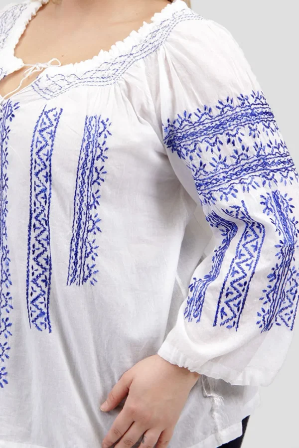 La Cera™ La Cera Plus Size 3/4 Sleeve Stripe Embroidered Peasant Top White/Blue Shop