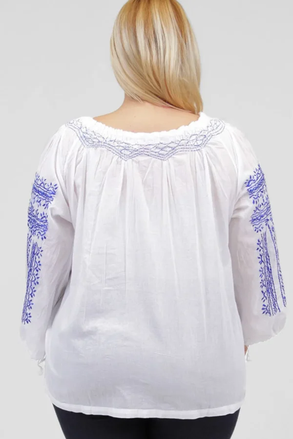 La Cera™ La Cera Plus Size 3/4 Sleeve Stripe Embroidered Peasant Top White/Blue Shop