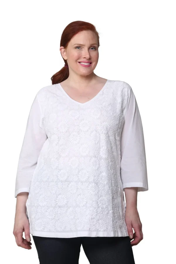 La Cera™ La Cera Plus Size Full Embroidered V-Neck Tunic White Discount