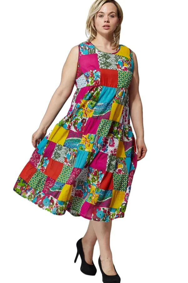 La Cera™ La Cera Plus Size Multicolored Patchwork Dress Pink/Orange Clearance