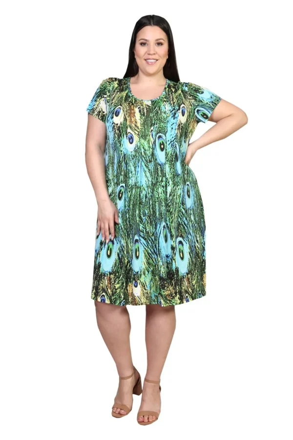 La Cera™ La Cera Plus Size Print Short Sleeve Dress Peacock New