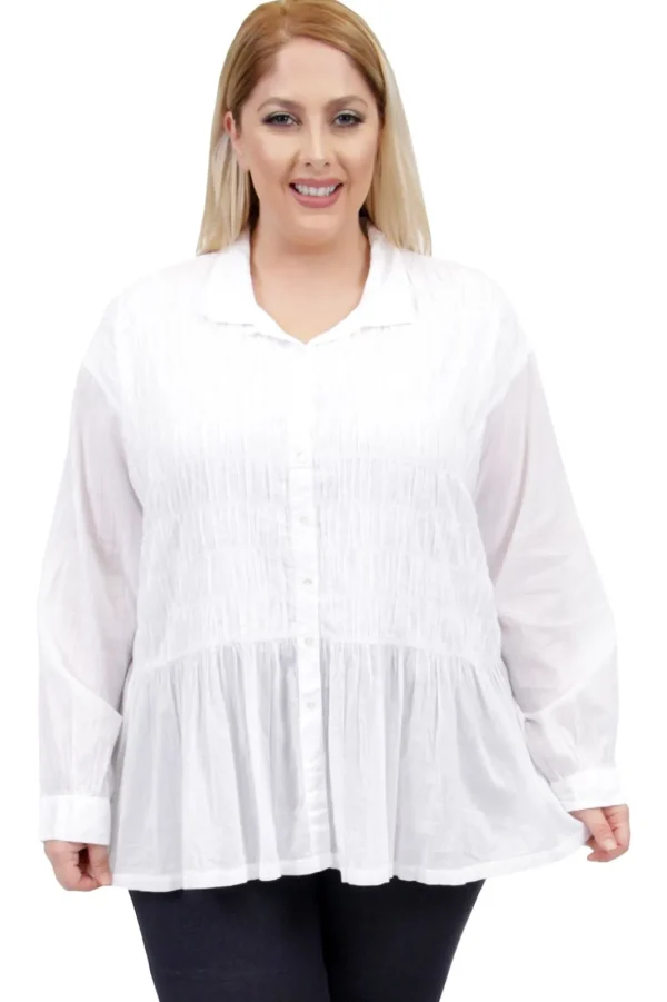 La Cera™ La Cera Plus Size Puckered Button-Up Top White Cheap