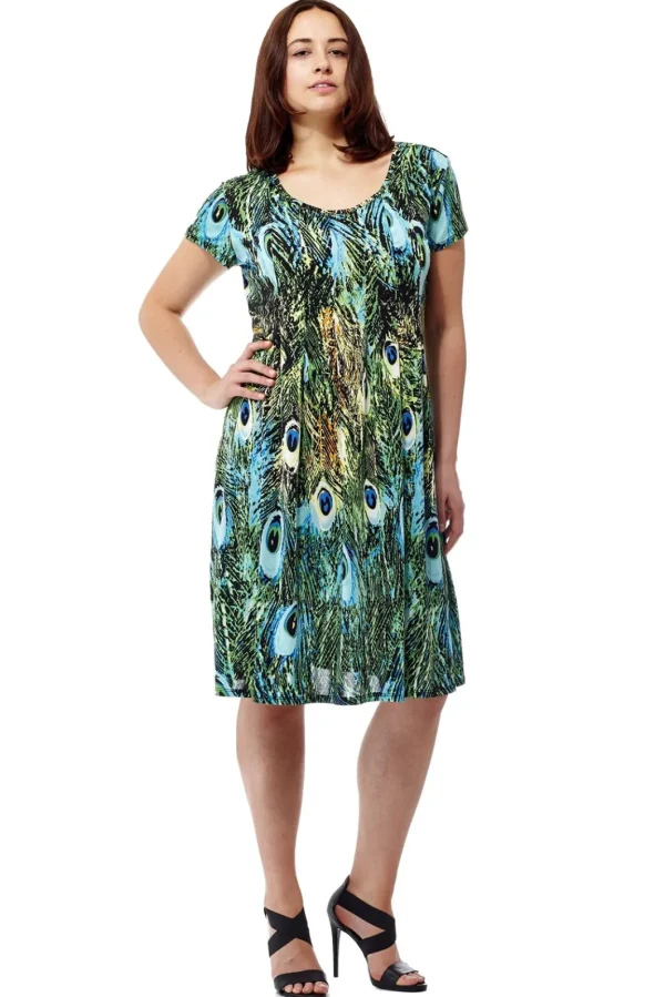 La Cera™ La Cera Print Short Sleeve Dress Peacock Fashion