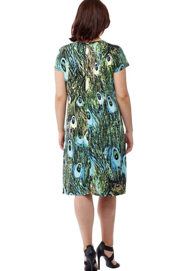 La Cera™ La Cera Print Short Sleeve Dress Peacock Fashion