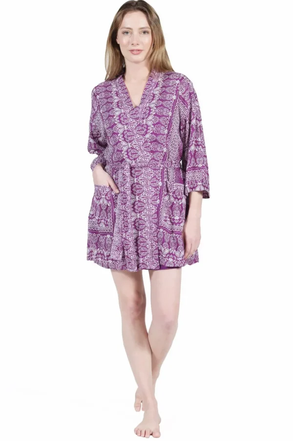 La Cera™ La Cera Rayon Purple And White Printed Robe Discount