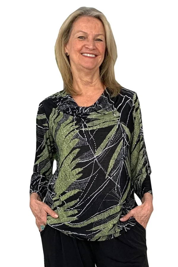 La Cera™ La Cera Savannah Palm Print Cowl Neck Top Best Sale