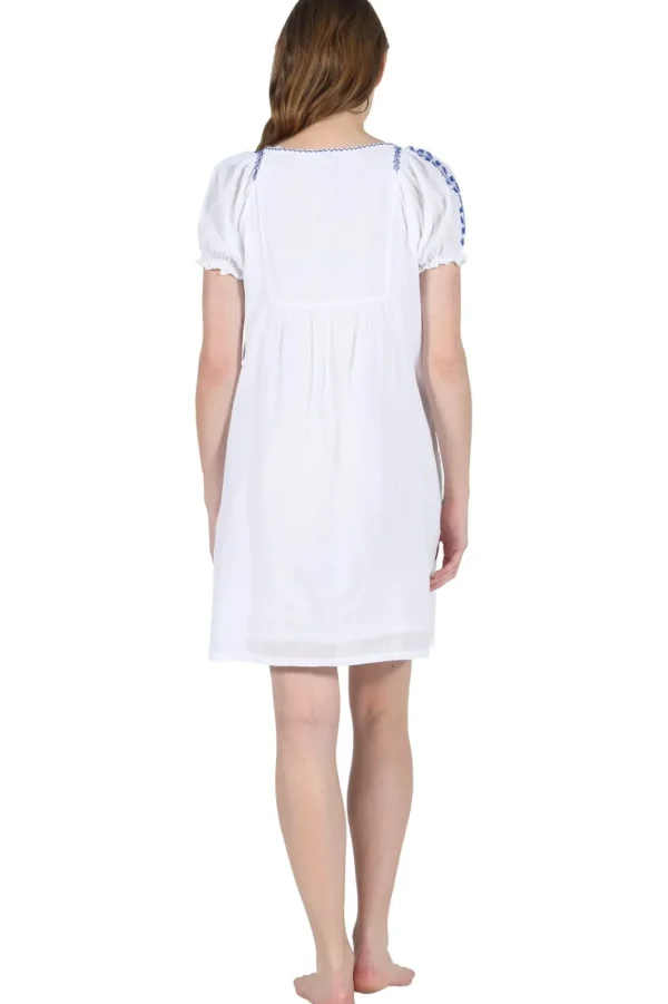 La Cera™ La Cera Short Sleeve Embroidered Peasant Chemise White/Blue Sale