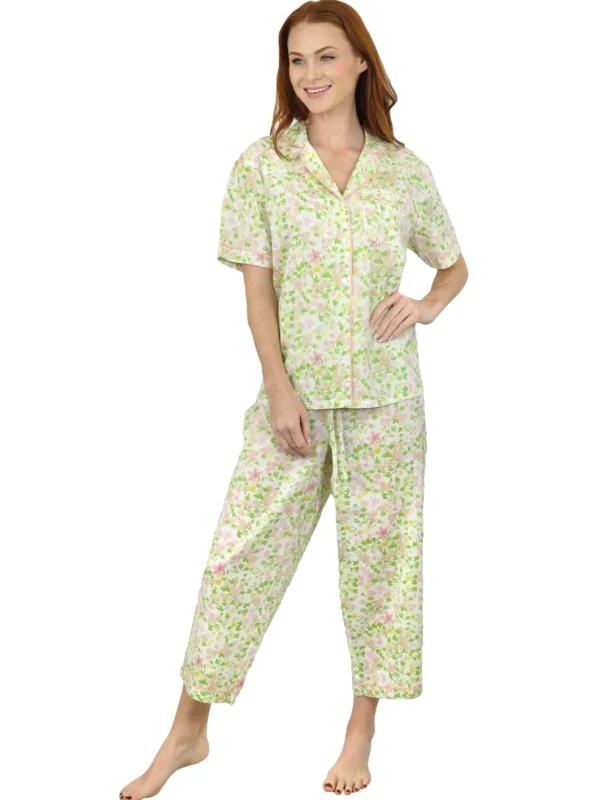 La Cera™ La Cera Short Sleeve Lime Floral Cotton Pajama Set Store