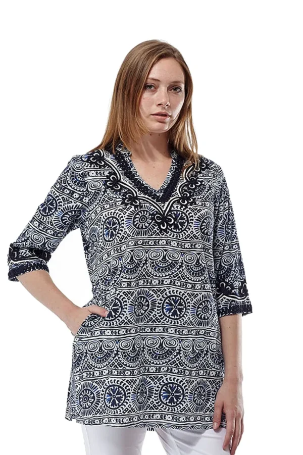 La Cera™ La Cera Short Sleeve Printed Tunic Top Navy Cheap