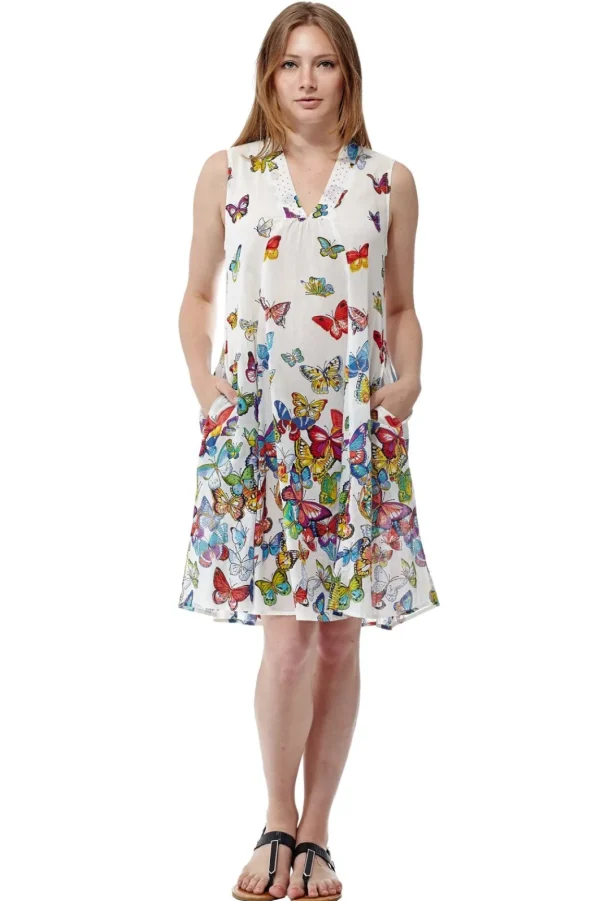 La Cera™ La Cera Sleeveless Butterfly Printed Dress White/Multi Discount