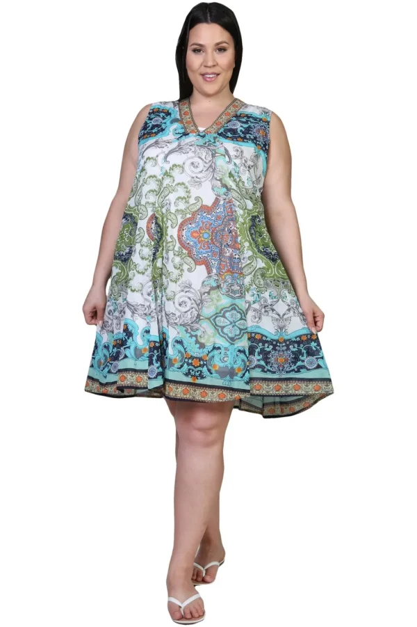 La Cera™ La Cera Sleeveless Paisley Printed Plus Size Dress Blue/Green Cheap