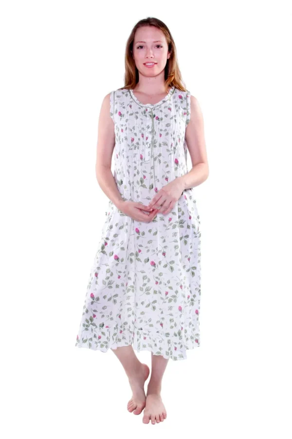 La Cera™ La Cera Sleeveless Rose Vine 100% Cotton Gown Cheap