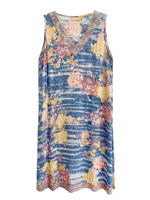 La Cera™ La Cera Sleeveless V-Neck Artistic Floral Dress Hot