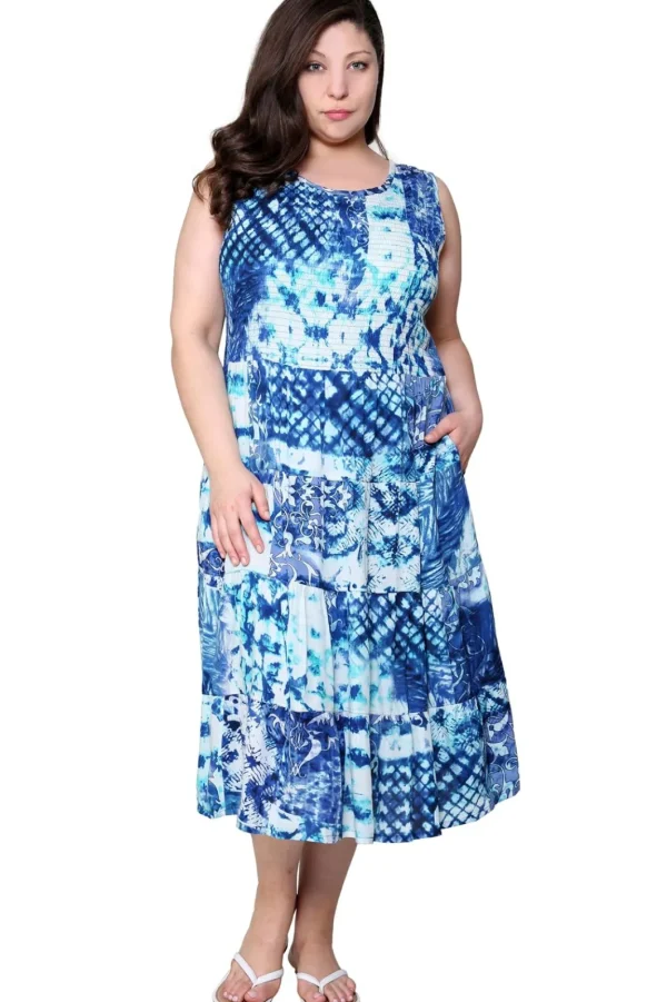 La Cera™ La Cera Tie Dye Plus Size Sleeveless Dress Blue Hot