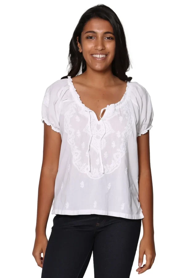 La Cera™ La Cera White Embroidered Short Sleeve Peasant Top Discount