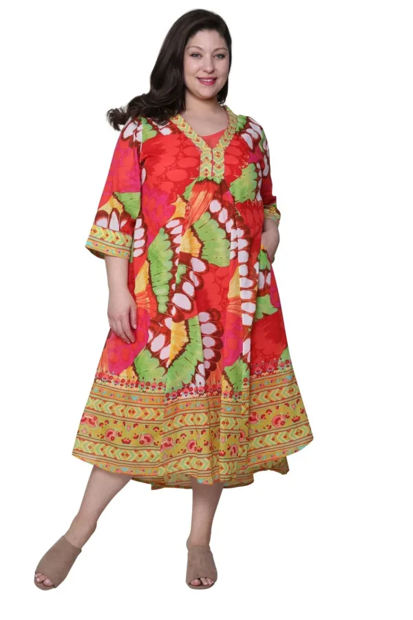 La Cera™ La Cera Women'S Plus Size High-Low Butterfly Printed Caftan Red Butterfly New