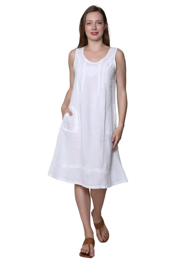 La Cera™ Linen Sleeveless Embroidered Dress White Clearance