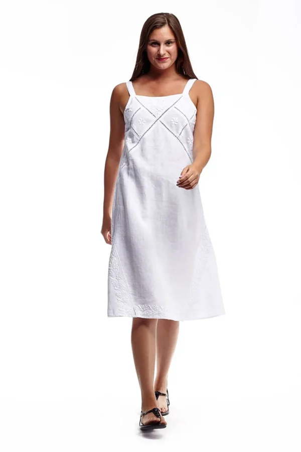 La Cera™ Linen Sleeveless Embroidered Dress White Online