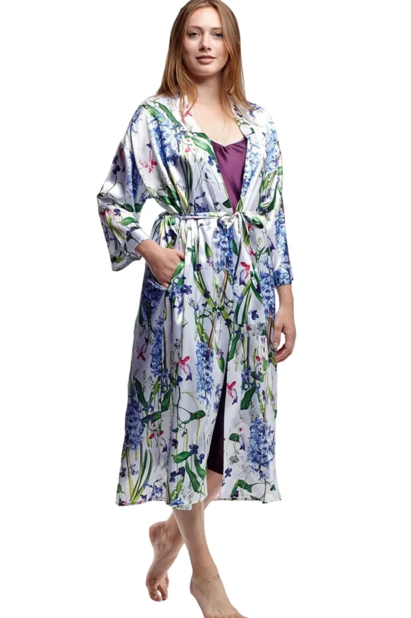 La Cera™ Long Floral Satin Robe Lilac Best Sale