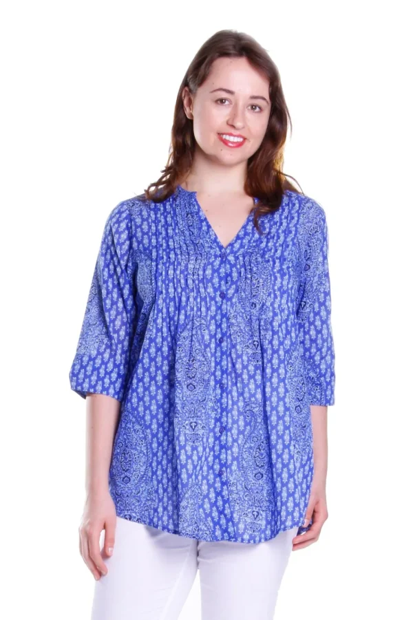 La Cera™ Paisley Pleated Tunic Blue New