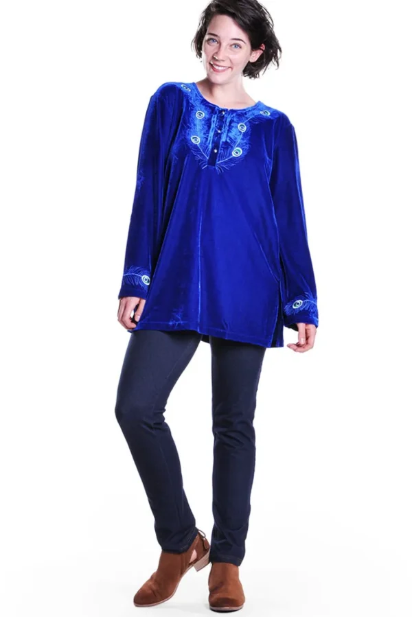 La Cera™ Peacock Velour Top Blue Online