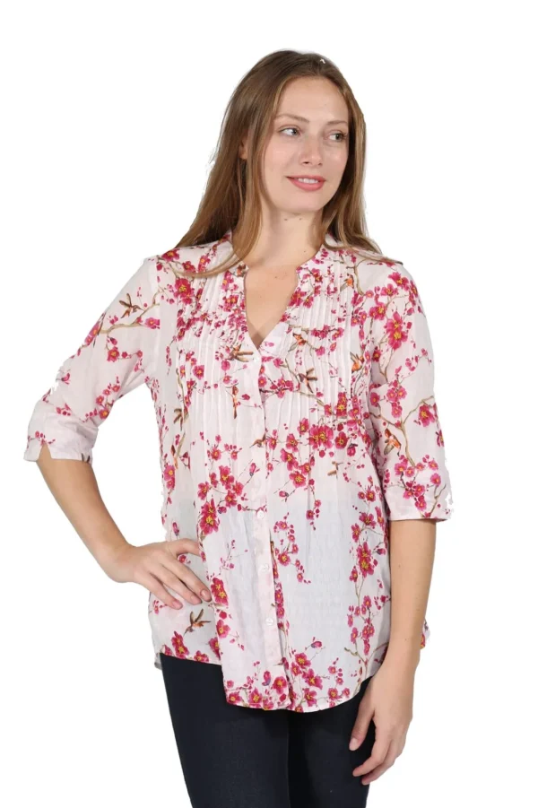 La Cera™ Pleat Front Fern Print Cotton Top Hot