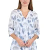 La Cera™ Pleat Front Printed Cotton Top White/Blue Hot