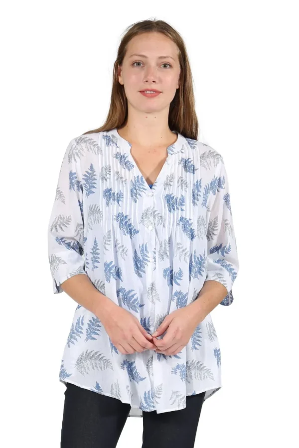 La Cera™ Pleat Front Printed Cotton Top White/Blue Hot