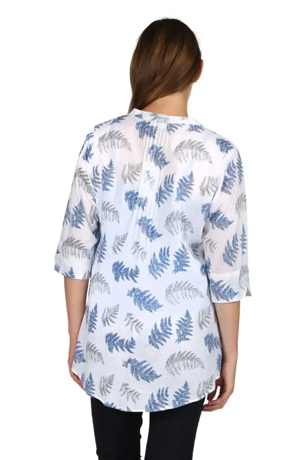 La Cera™ Pleat Front Printed Cotton Top White/Blue Hot