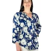 La Cera™ Pleat Front Printed Rayon Top Blue Sale