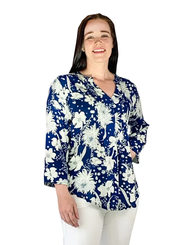 La Cera™ Pleat Front Printed Rayon Top Blue Sale