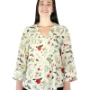 La Cera™ Pleat Front Printed Rayon Top Ivory Outlet