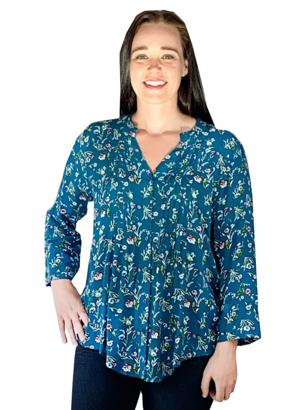 La Cera™ Pleat Front Printed Rayon Top Teal Hot