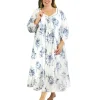 La Cera™ Plus Size 100% Cotton Lace Trim Flounce Robe Gown- Blue And White Flor Hot