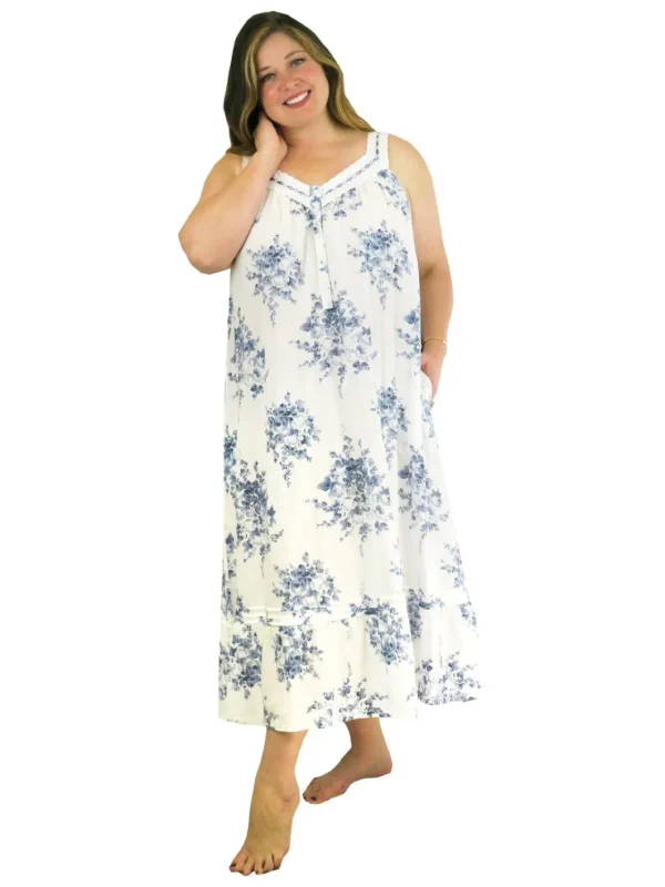 La Cera™ Plus Size 100% Cotton Lace Trim Flounce Gown- Blue And White Floral Pr Clearance