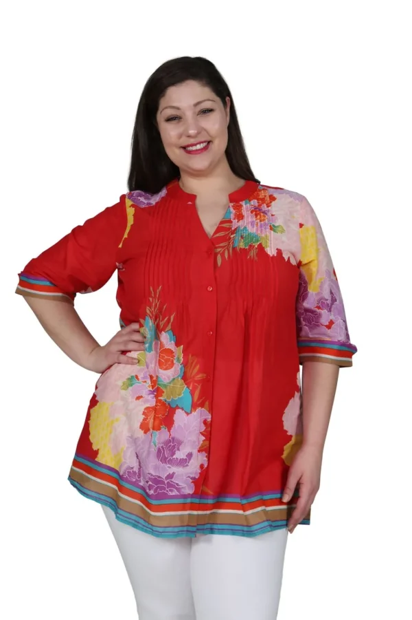 La Cera™ Plus Size Floral Border Print Tunic With Release Pleats New