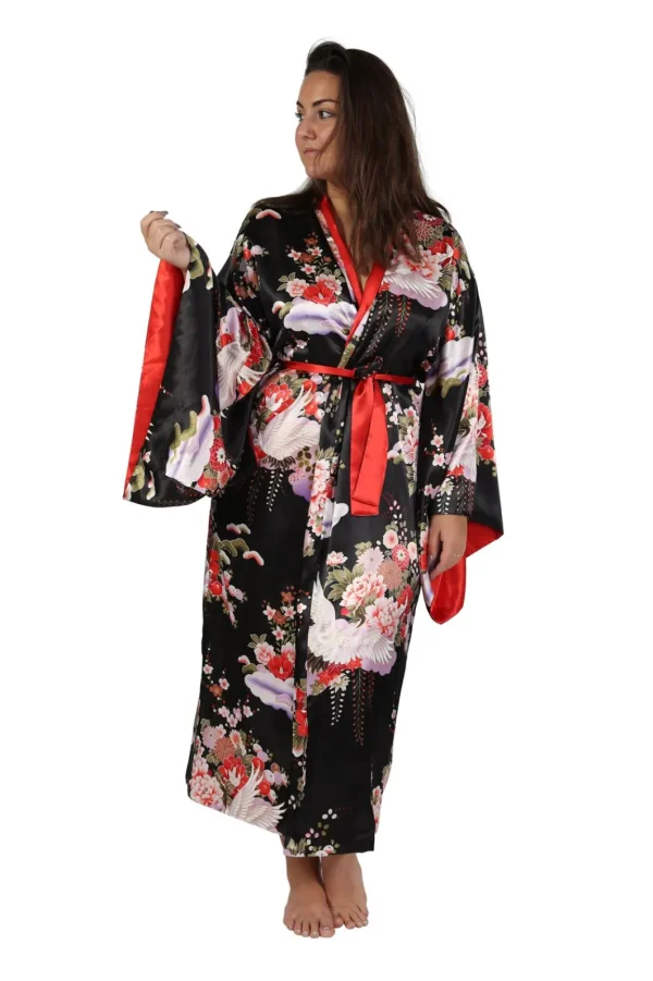 La Cera™ Plus Size Kimono Sleeve Floral Satin Robe Black Cheap