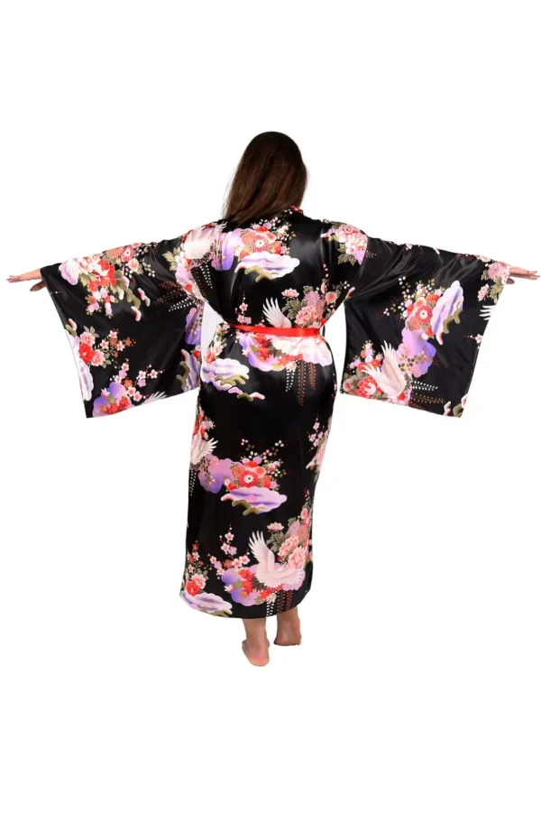 La Cera™ Plus Size Kimono Sleeve Floral Satin Robe Black Cheap