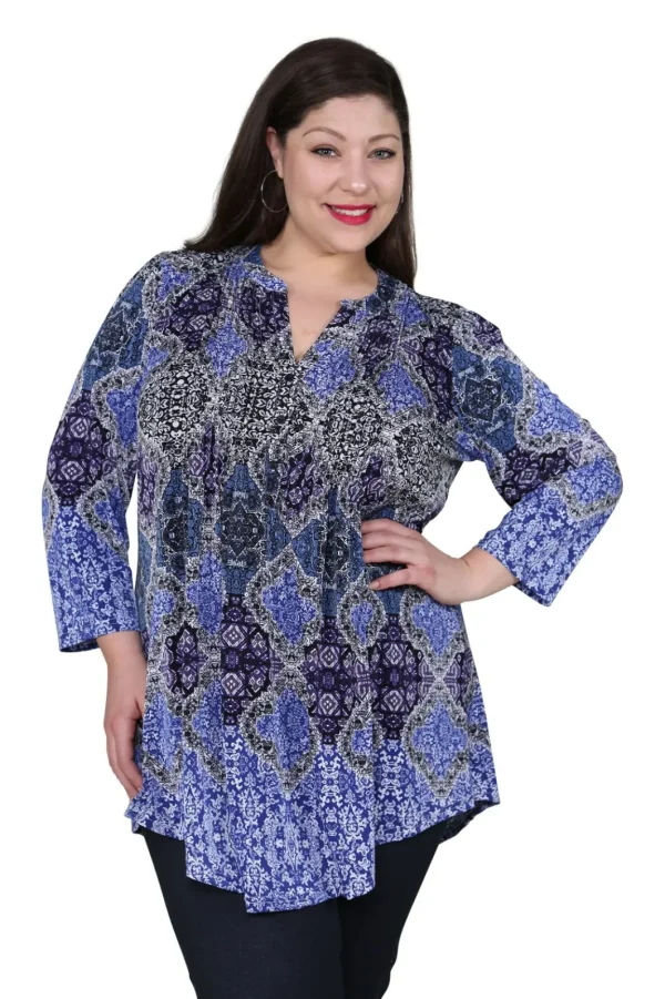 La Cera™ Plus Size La Cera Pleat Front Printed Tunic Multi Blue Sale