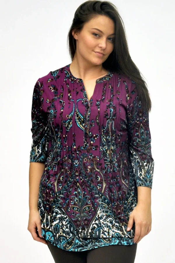 La Cera™ Plus Size La Cera Pleat Front Printed Tunic Purple/Ivory Best Sale