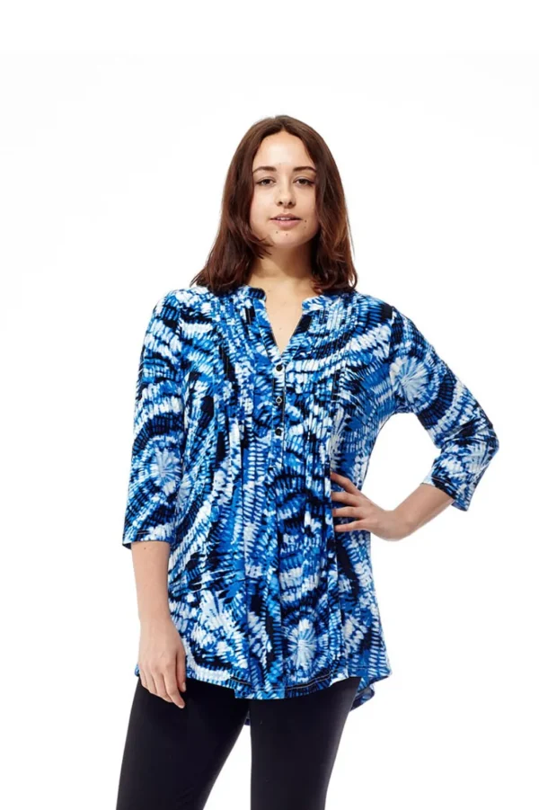 La Cera™ Plus Size La Cera Pleat Front Printed Tunic Tie-Dye Blue Outlet