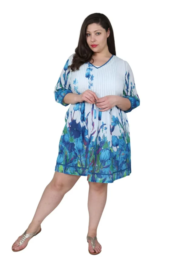 La Cera™ Plus Size Tulip Print Pleated Tunic Dress Blue Discount