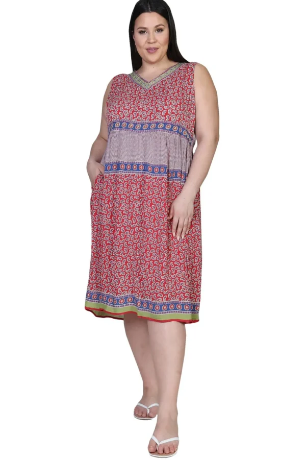 La Cera™ Plus Size V-Neckline Empire Waist Border Print Dress Shop