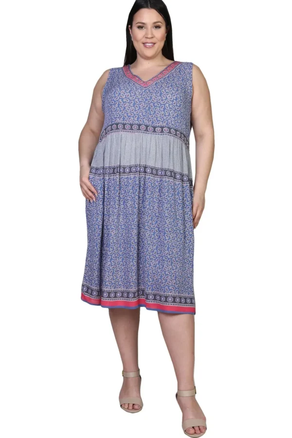 La Cera™ Plus Size V-Neckline Empire Waist Border Print Dress Shop